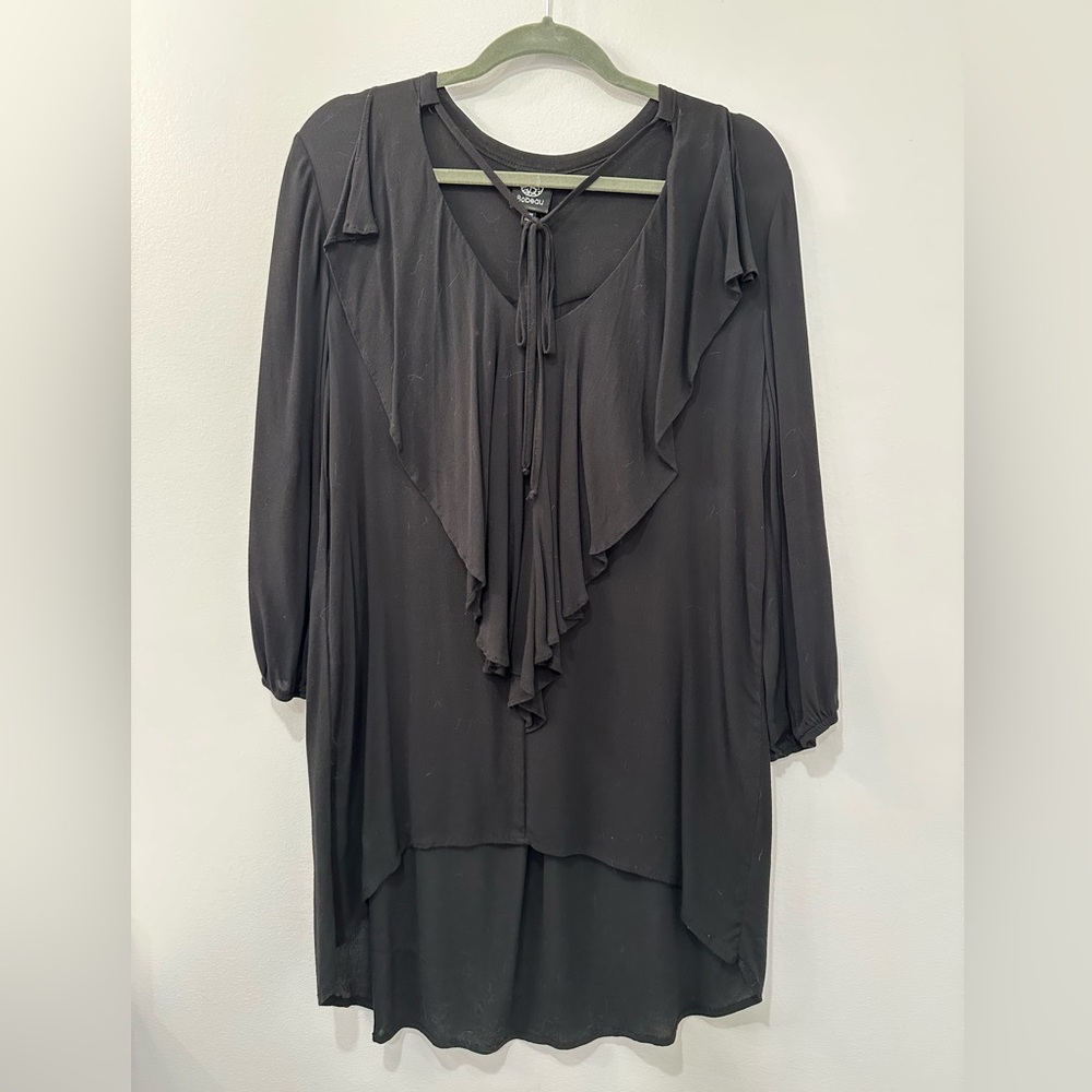 Bobeau Soft Black Ruffled Blouse with V-Neck